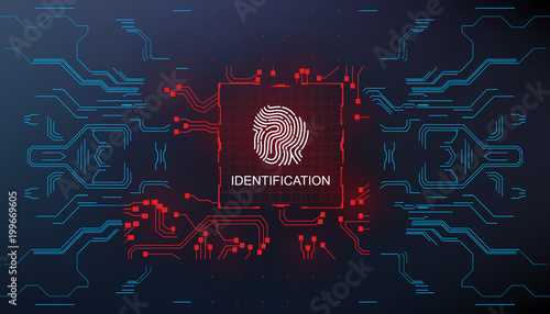 Identification, finger scan in futuristic style biometric id with futuristic hud interface fingerprint scanning
