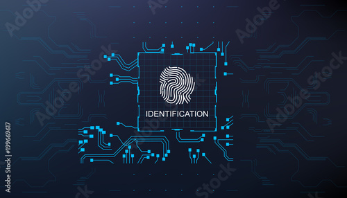 Identification, finger scan in futuristic style biometric id with futuristic hud interface fingerprint scanning