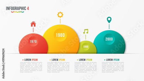 Vector paper style bubble shaped timeline chart with 4 steps, in