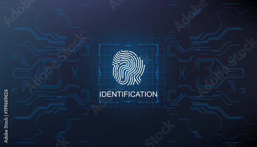 Identification, finger scan in futuristic style biometric id with futuristic hud interface fingerprint scanning