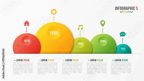 Vector paper style bubble shaped timeline chart with 5 steps, in