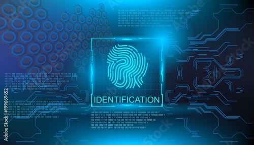 Identification, finger scan in futuristic style biometric id with futuristic hud interface fingerprint scanning