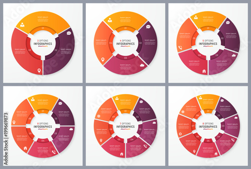 Circle chart templates with 3 4 5 6 7 8 options. Vector design f