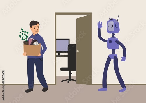 Office worker fired from his job. Replacement of jobs by robots with artificial intelligence. A man with a cardboard box leaves workplace. Unemployment. Concept vector illustration.