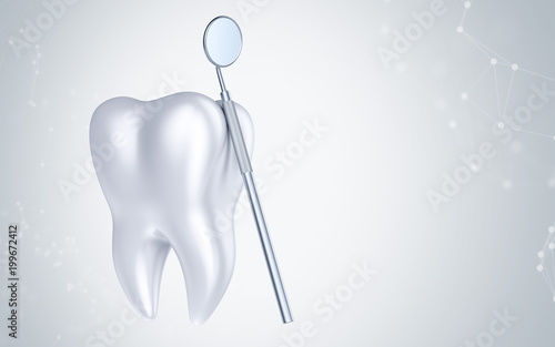 Big tooth and dentist mirror in dentist clinic on abstract background. 3d render