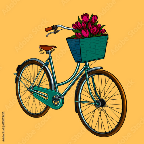 Vintage illustration of blue retro bicycle with a basket of tulip flowers  ahead.