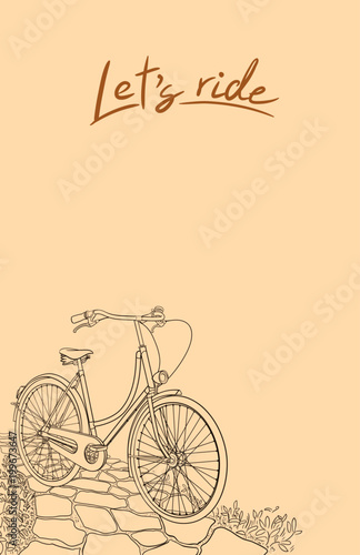 Fototapeta Rocznika nakreślenia ilustracja retro bicykl na ogrodowej ścieżce. Idealny do kart, plakatów, reklam, zaproszeń.