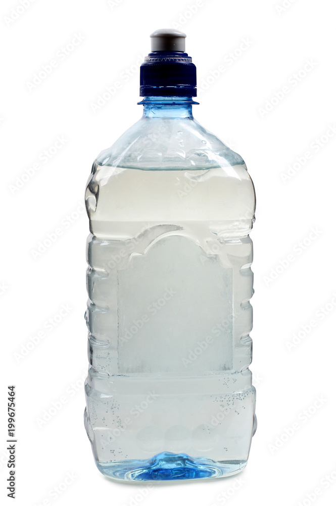Fototapeta premium Bottle and glasses of water on white background