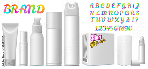 Set of packages for cream, lotion, gel, balsam and spray. Design element for application or corporate identity. Colorful calligraphy font. Neon alphabet. Isolated 3d realistic vector illustration.