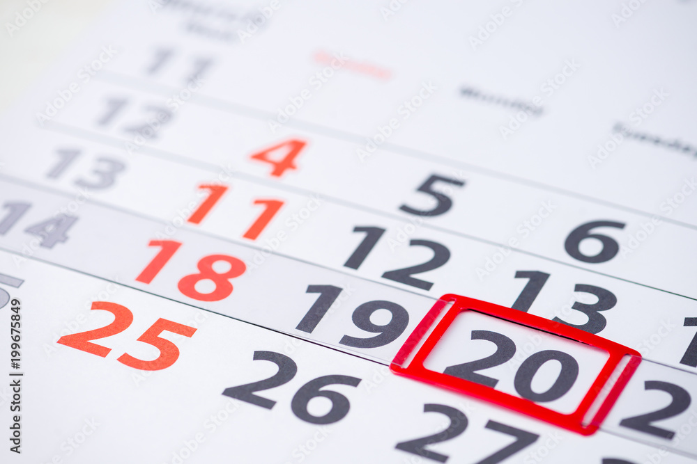 Day number 20 mark on the calendar, close-up Day number 20 mark on the calendar, close-up