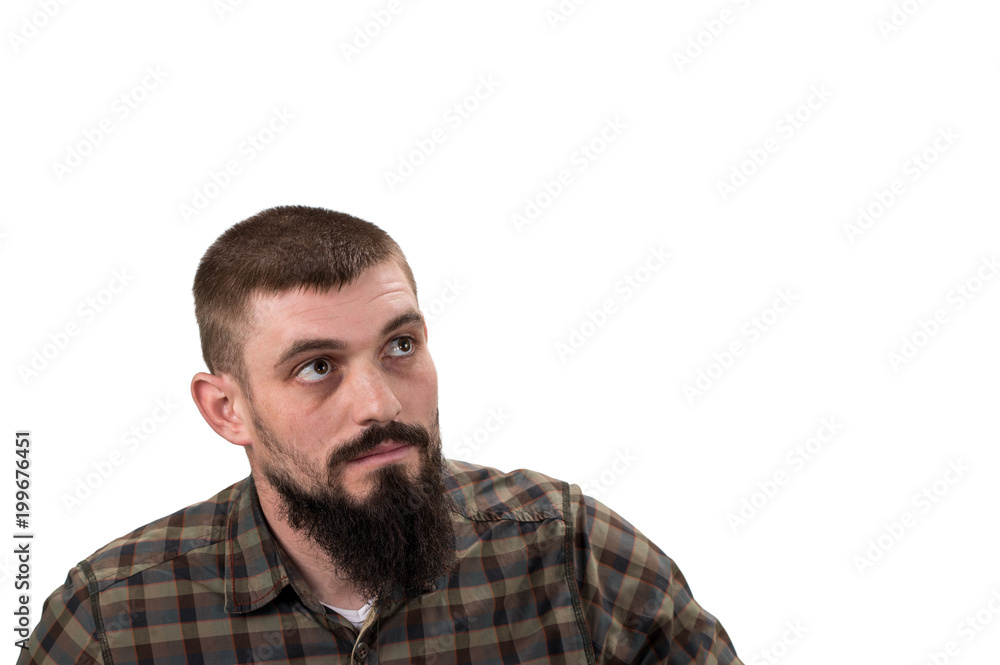 Casual man looking up to blank space over white background Casual man looking up to blank space over white background