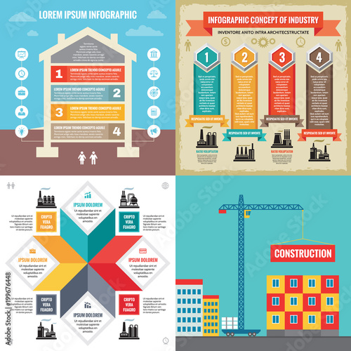 Business infographic templates concept vector illustration. Abstract banner set. Advertising promotion layout collection for presentation. Building construction. Factory. Graphic design elements. 
