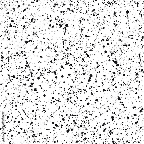 Splatter, splash, spray vector seamless repeat pattern. Black and white hand drawn painted chaotic spots, uneven dots, blobs, drops, specks, flecks texture, background.