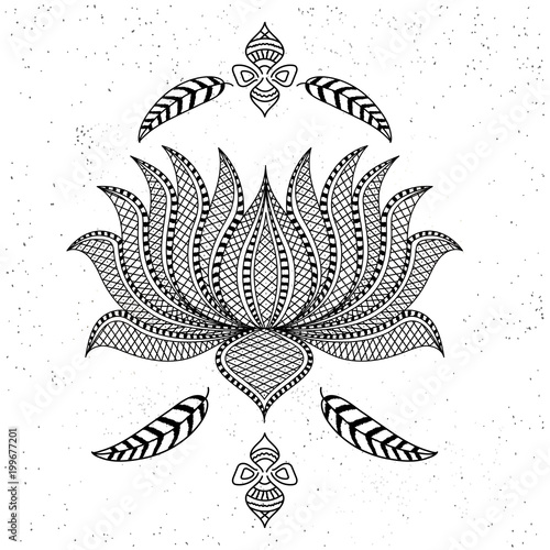 Beautiful ornamental Boho style Lotus flower. Creative hand drawn illustration in doodle style. Can be used as greeting card or Invitation card design.