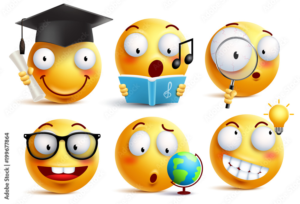 Smiley face student vector emoticons set with facial expressions and studying school activities isolated in white background. Back to school vector icons.
Smiley face student vector emoticons set with facial expressions and studying school activities isolated in white background. Back to school vector icons.