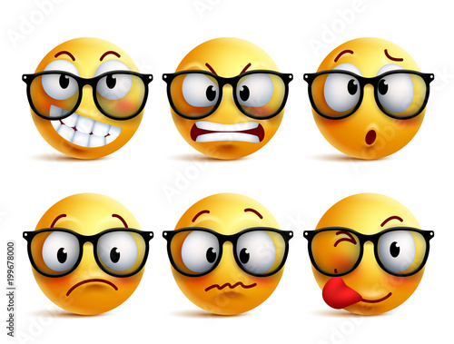 Smileys vector set of yellow nerd emoticons with eyeglasses and funny facial expressions isolated in white background. Smiley face vector icons.
