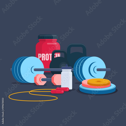Illustration of  fitness and bodybuilding equipment. Home gym set