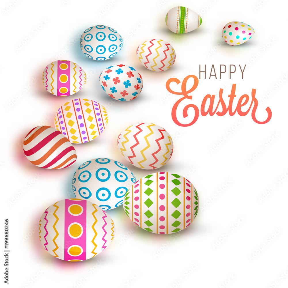 Fototapeta premium Colorful painted eggs on white background. Happy Easter Concept.