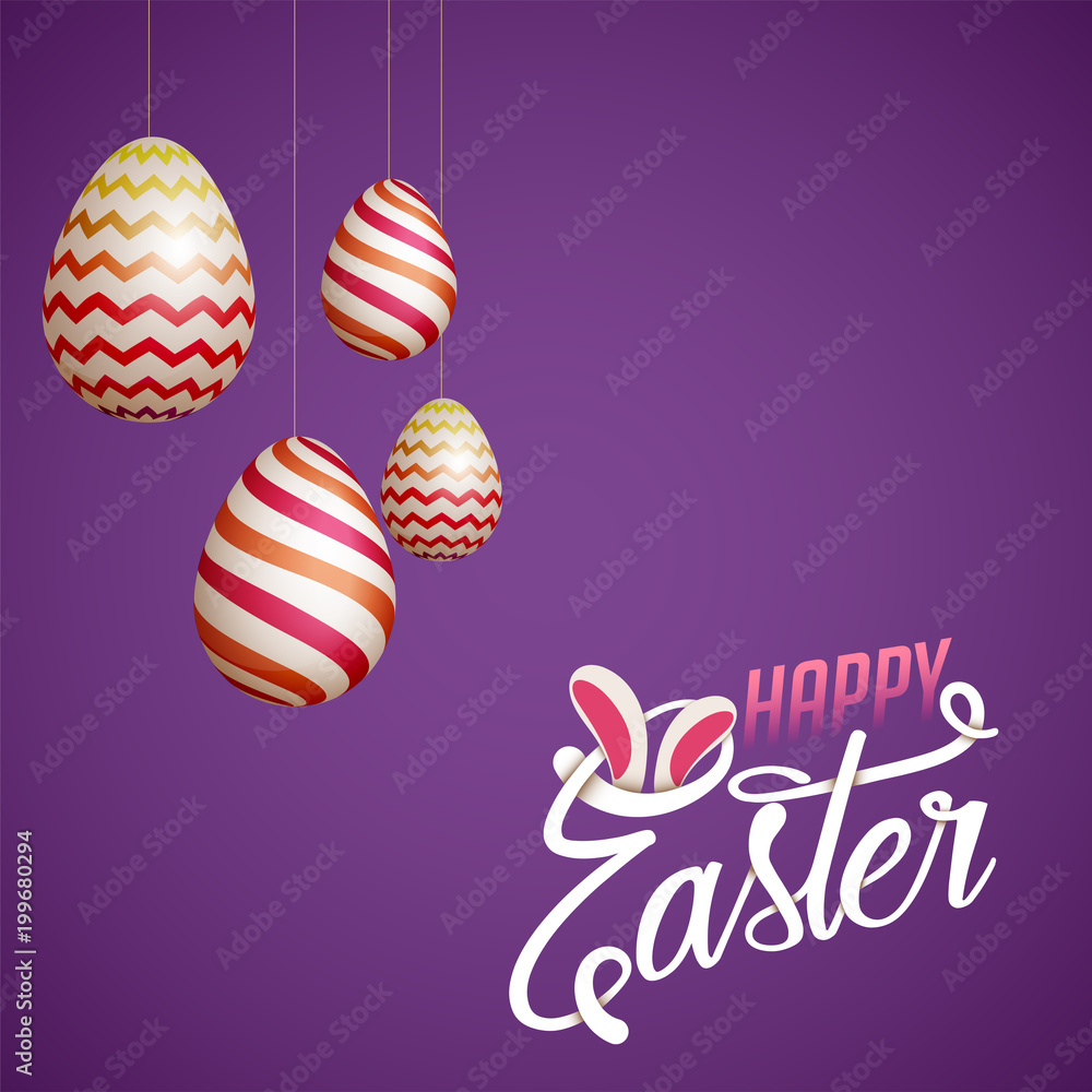 Happy Easter Concept with Hanging Eggs on purple background. Happy Easter Concept with Hanging Eggs on purple background.