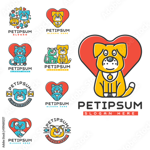 Pet cat and dog vector domestic insignia silhouette veterinary medical refuge shelter center for homeless pets animal element.