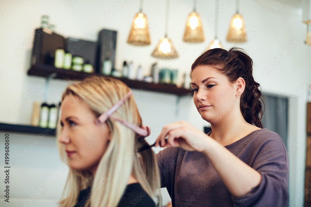 Young hairdresser styling a clients hair in her salon Young hairdresser styling a clients hair in her salon