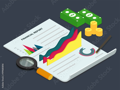 Business Infographics Financial Report Concept, with Isometrics Graphs, Currencies and Reports.