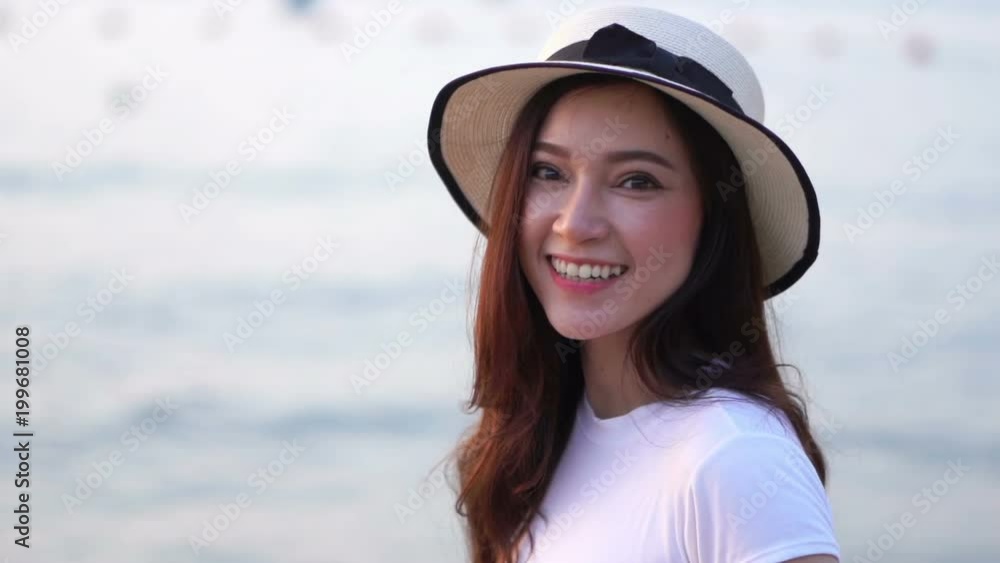 slow motion of woman enjoy on the sea beach 