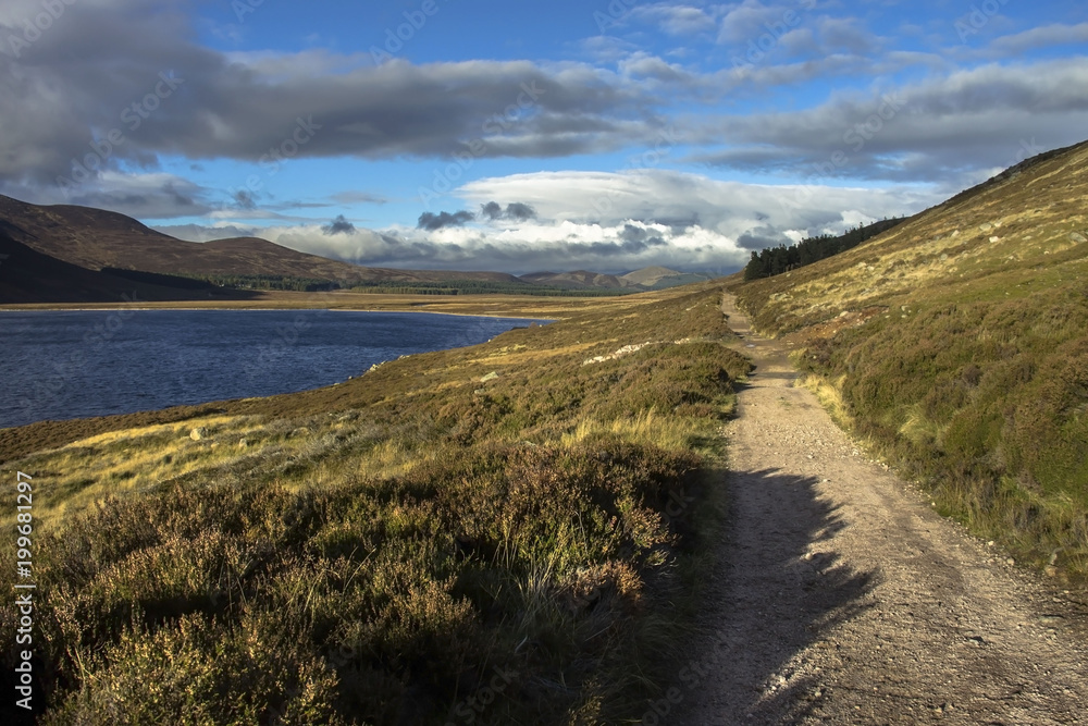 Scottish landscape. Path around Loch Muick in Cairngorms National Park. Ballater and Royal Deeside, Aberdeenshire, Scotland, UK. October 2017