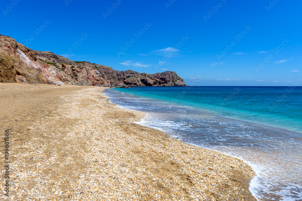 View of Paleochori beach located on the south coast of Milos. Cyclades, Greece.