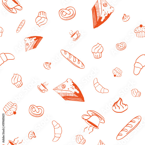Bakery seamless pattern, food vector doodle background. Hand drawn confectionery products thin line icons - cake, croissant, cupcake, pie, coffee. Cute repeated illustration.