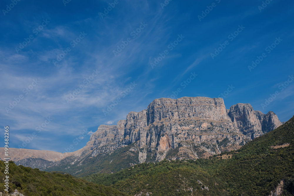 Panoramic view of Tymfi Mountain and Vikos gorge. Zagoria area, Epirus region, northwestern Greece