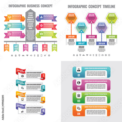 Business infographic templates concept vector illustration. Abstract banner set. Advertising promotion layout collection for presentation. Timeline. Numbered step options. Graphic design elements. 