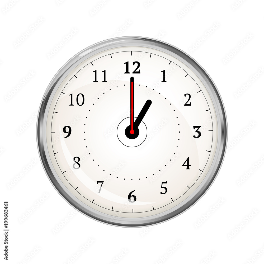 Realistic clock face showing 01-00 on white Realistic clock face showing 01-00 on white