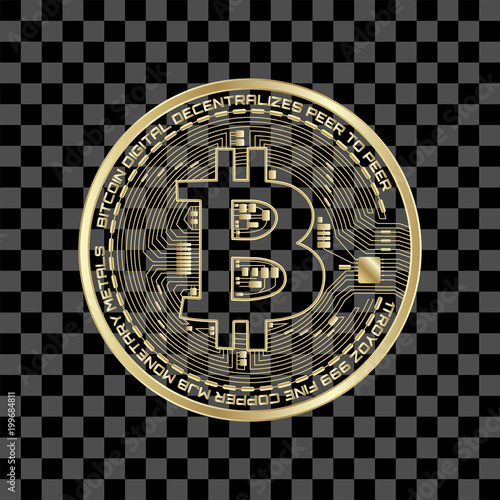 Crypto currency golden coin bitcoin isolated on transparent background. Vector illustration. Use for logos, print products, page and web decor or other design.