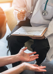 Doctor or psychiatrist consulting and diagnostic examining stressful woman patient on obstetric - gynecological female illness, or mental health problem in medical clinic or hospital
