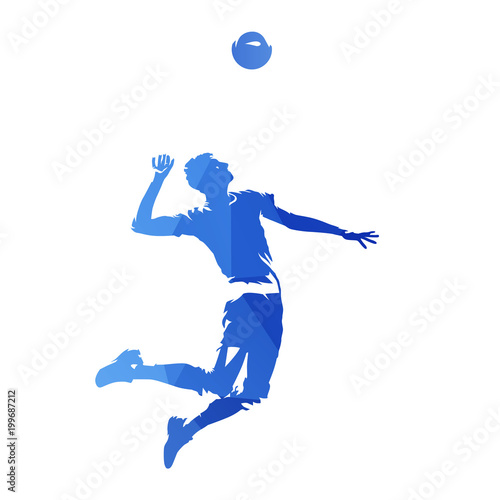 Volleyball player serving ball, abstract blue geometric vector silhouette