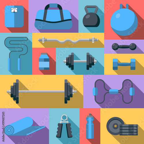Flat design icons on fitness gym exercise equipment and healthy lifestyle exercise supplements