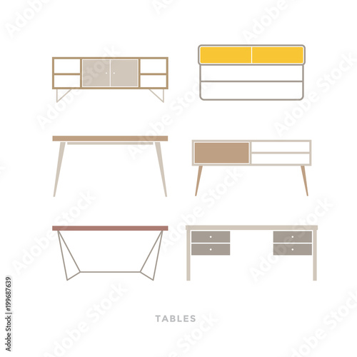 Set of tables on light background. Furniture for home and office. Furniture icons. Vector illustration.