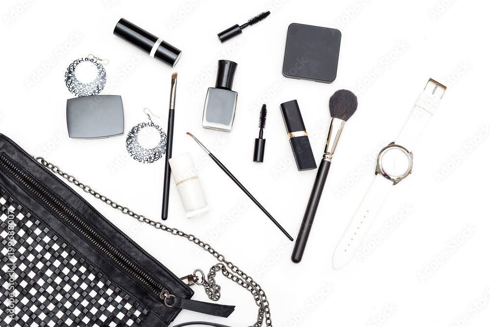 Accessories black and white set on white background. Flat lay Accessories black and white set on white background. Flat lay