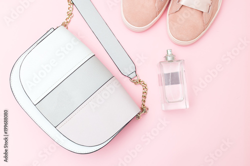 Accessories pink on a pink background. Pastel color