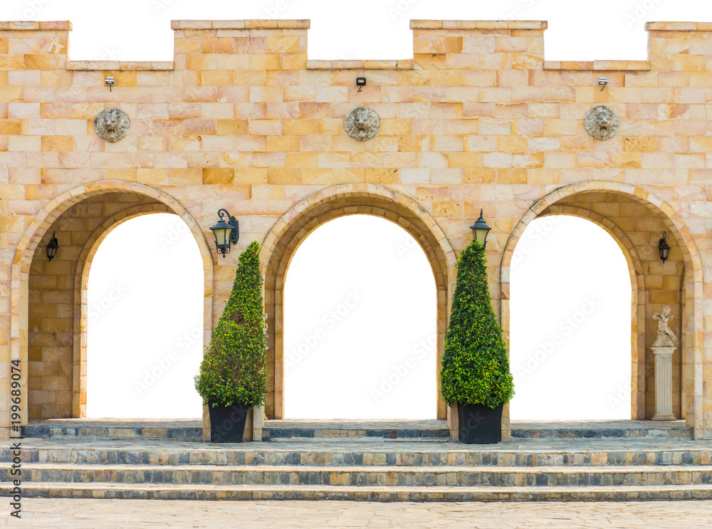 Frontage exterior of brick building isolated on white background. It is designed and decorated in European style.