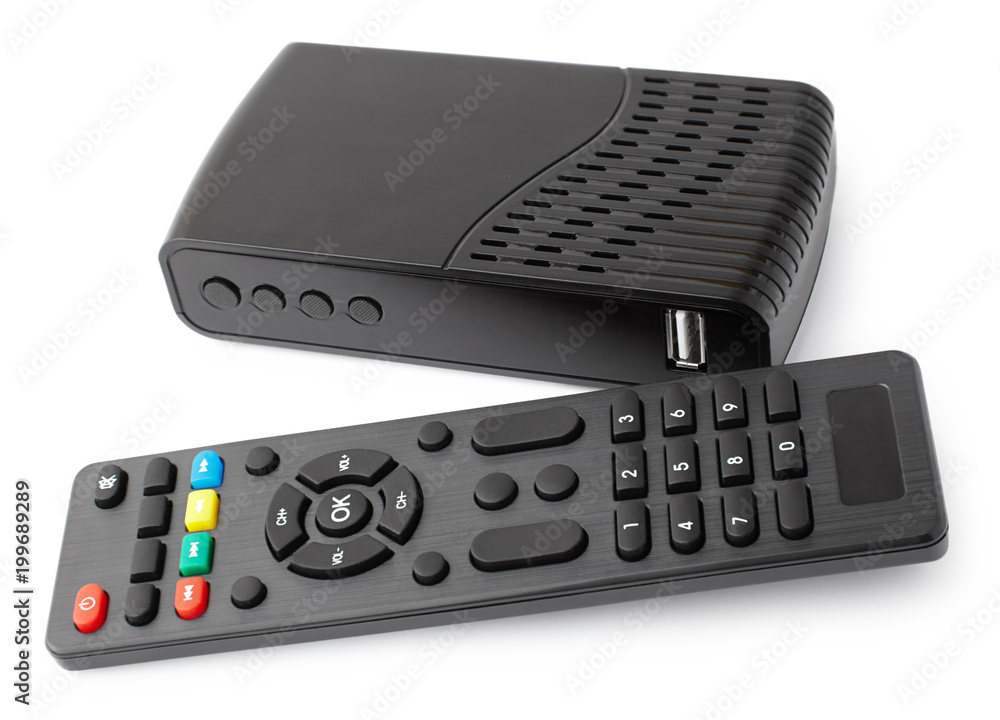 tv set, player with remote control on white background tv set, player with remote control on white background