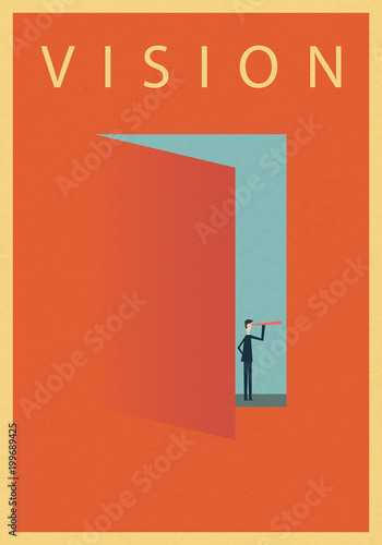 Minimalist stile. vector business finance. Successful vision concept with icon of businessman and telescope, Symbol leadership, strategy, mission, objectives.