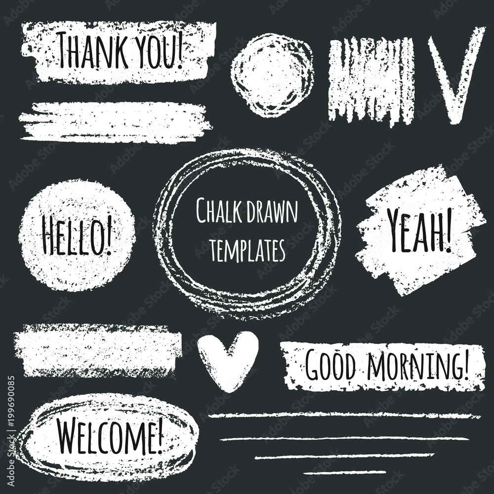 Chalk or pencil drawn graphic elements collection - strokes, stripes, frames, rectangle, oval and round shapes, heart, tick. Chalk forms on black board with lettering - thank you, hello, welcome.  - obrazy, fototapety, plakaty 