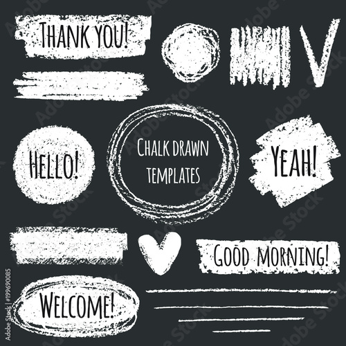 Chalk or pencil drawn graphic elements collection - strokes, stripes, frames, rectangle, oval and round shapes, heart, tick. Chalk forms on black board with lettering - thank you, hello, welcome.  photo
