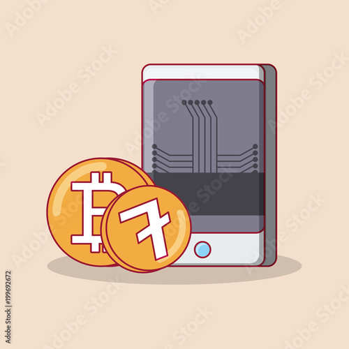 Smartphone with bitcoin and litecoin over orange background, colorful design. vector illustration