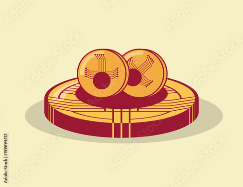 cryptocurrency coins over yellow background, colorful design. vector illustration