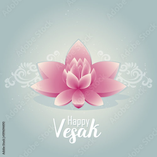 Pink lotus flower on pastel blue background. Vector illustration card for Vesak day.
