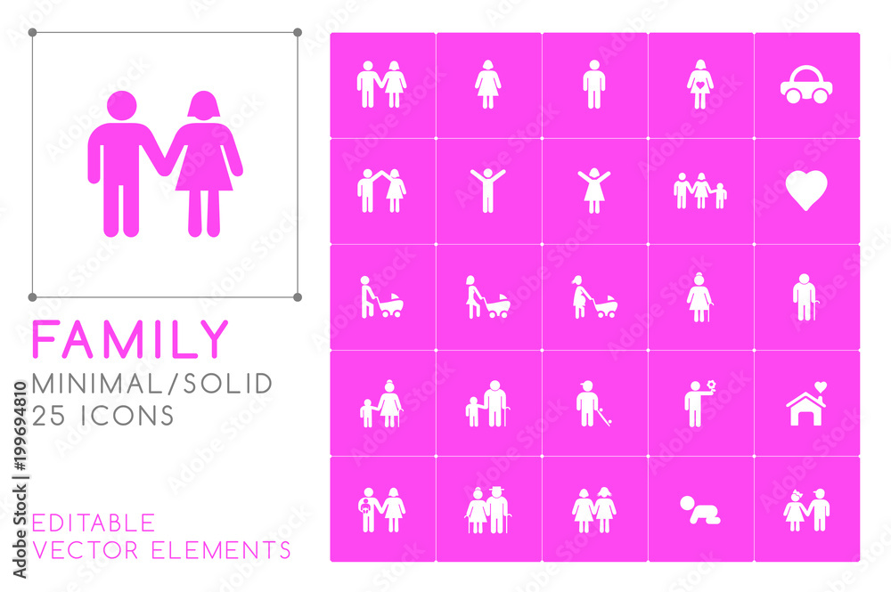 Fototapeta premium Set of 25 Universal Family Icons on Color Background . Isolated Elements