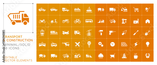 Set of 50 Universal Construction and Transport Icons on Color Background . Isolated Elements